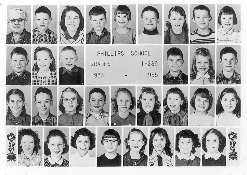 PHILLIPS SCHOOL Grades 1-3, 1954-55, photo by Jean Martin, submitted by Reed Martin
